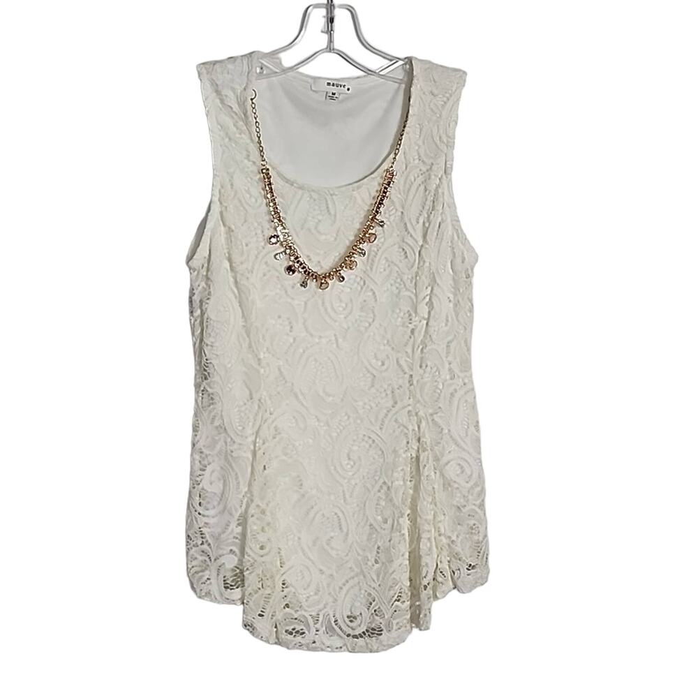Mauve Gold-Colored Necklace Sleeveless Blouse, Lace Overlay, Med